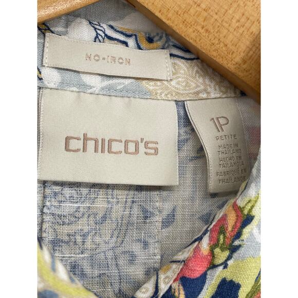 Chico’s No Iron 100% Linen Paisley Button Up Blouse Size Medium Petite Vacation - Picture 4 of 5
